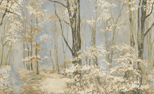 A scenic landscape painting of a misty winter forest with tall trees, white and pale cream foliage, and a soft blue-gray sky.