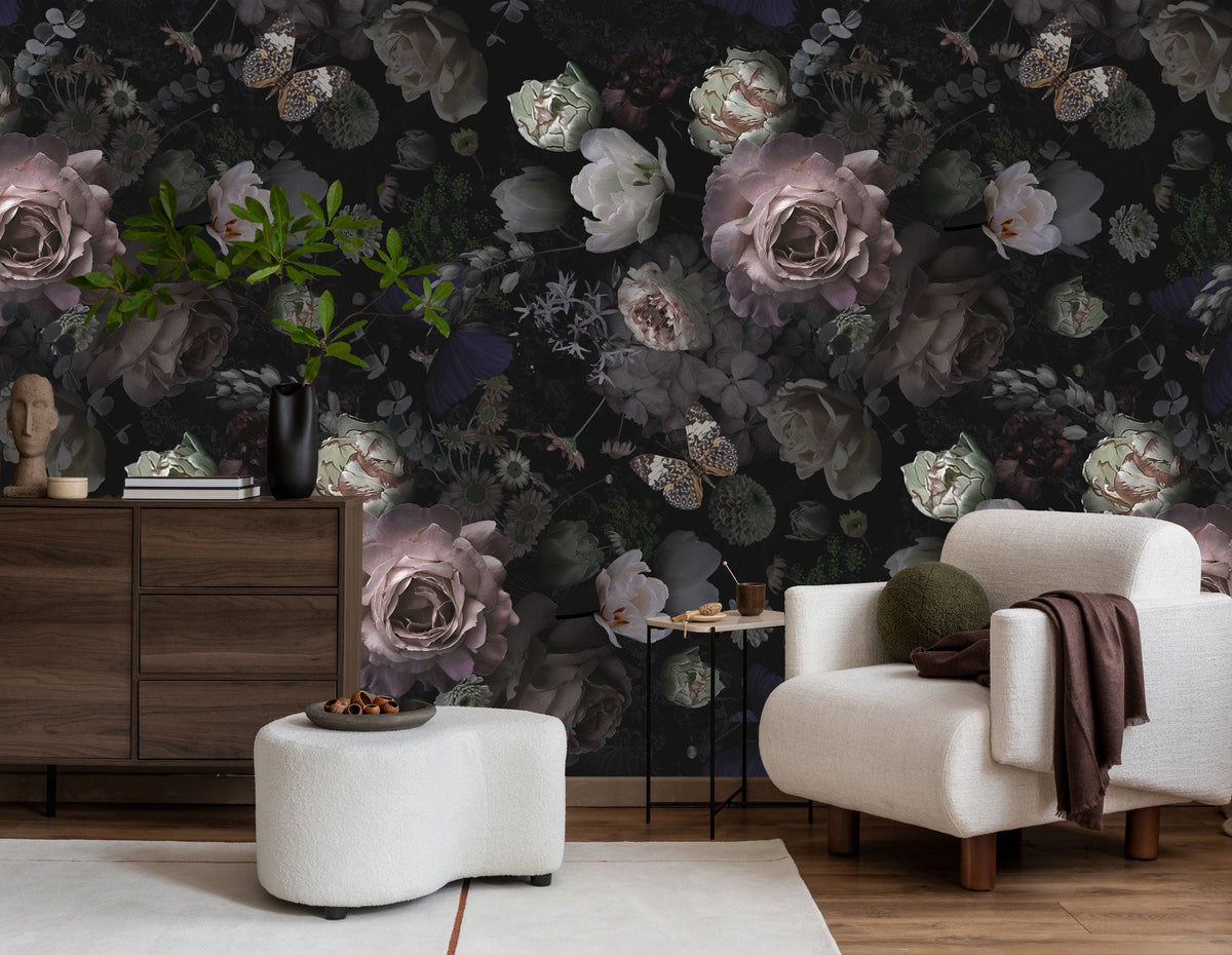 A vibrant wall mural featuring a dense floral pattern with various shades of purple, green, and white, installed in a living room setting.