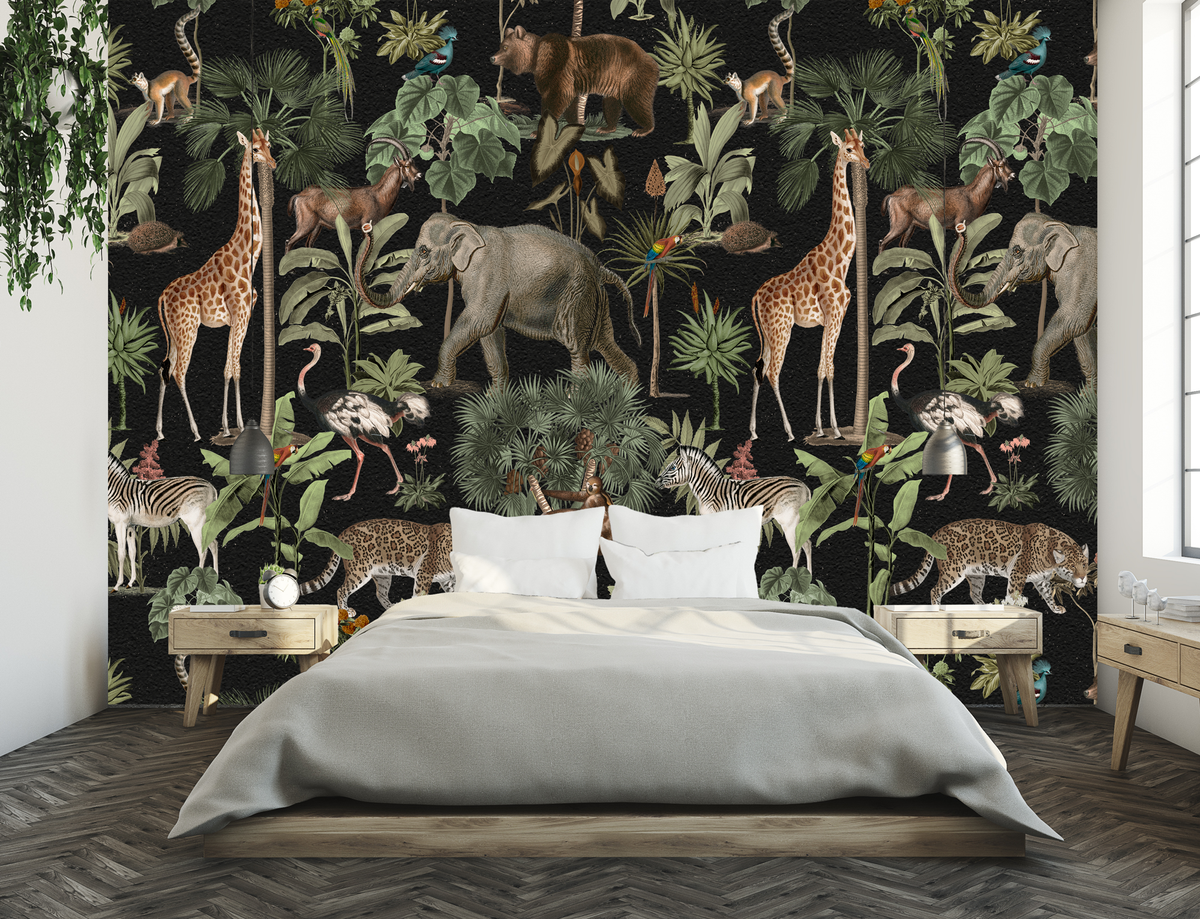 Bedroom with a jungle-themed wallpaper featuring animals and plants.