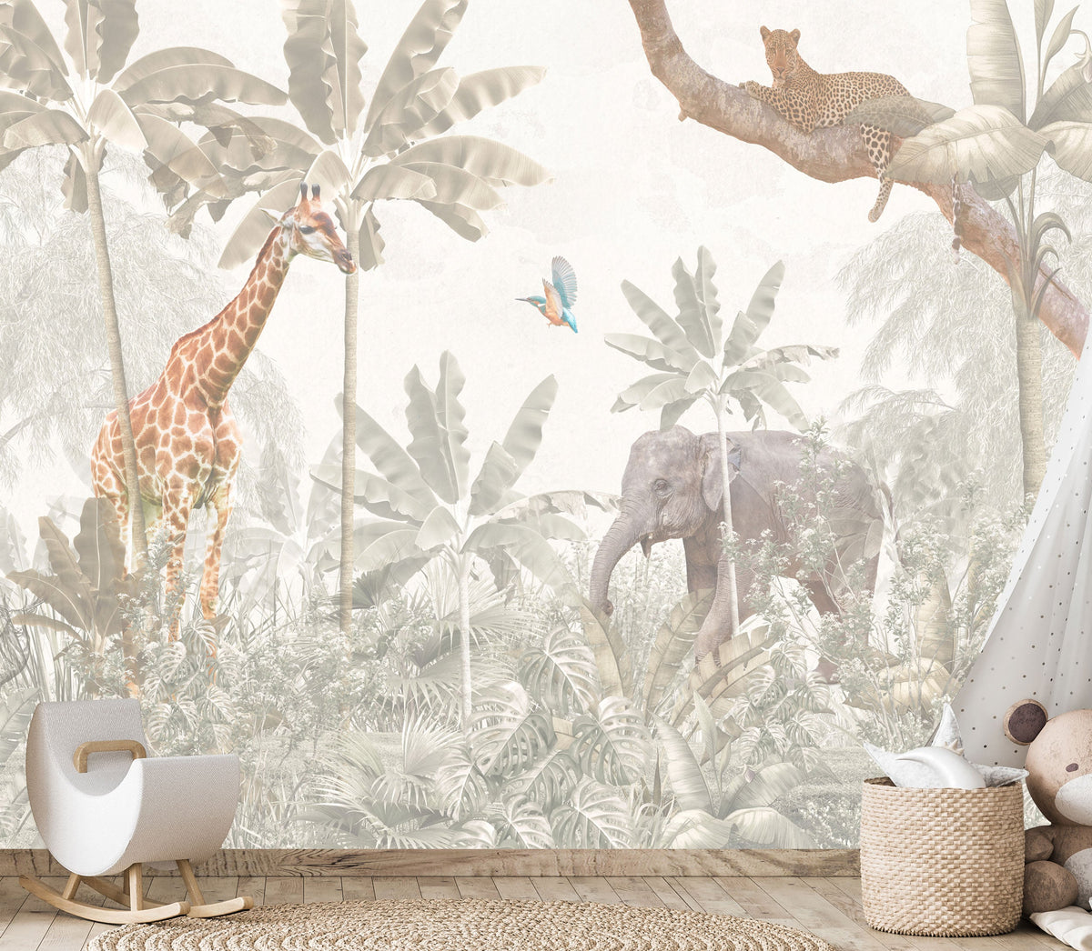 Light-toned jungle mural with giraffe, elephant, leopard, and colorful bird.