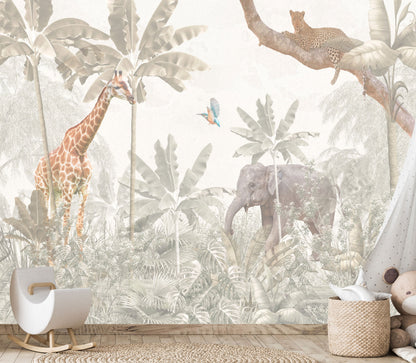 Light-toned jungle mural with giraffe, elephant, leopard, and colorful bird.