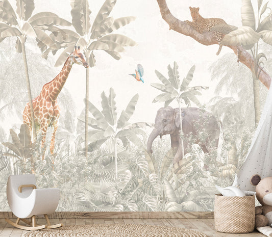 Light-toned jungle mural with giraffe, elephant, leopard, and colorful bird.