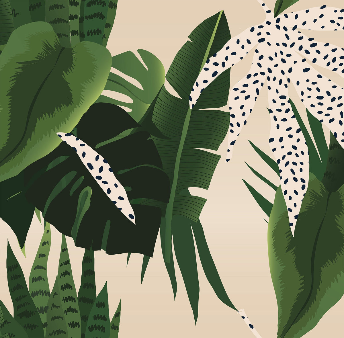 Tropical leaf pattern with green and beige background