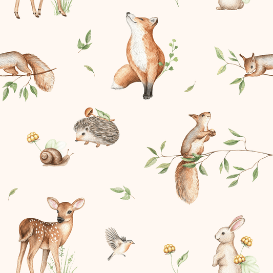 Pattern of forest animals including a fox, deer, rabbit, and squirrel on a white background.