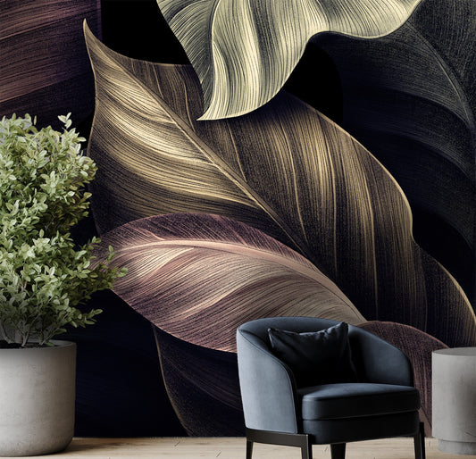 Modern interior with a dark gray armchair against a large leaf-patterned wall.