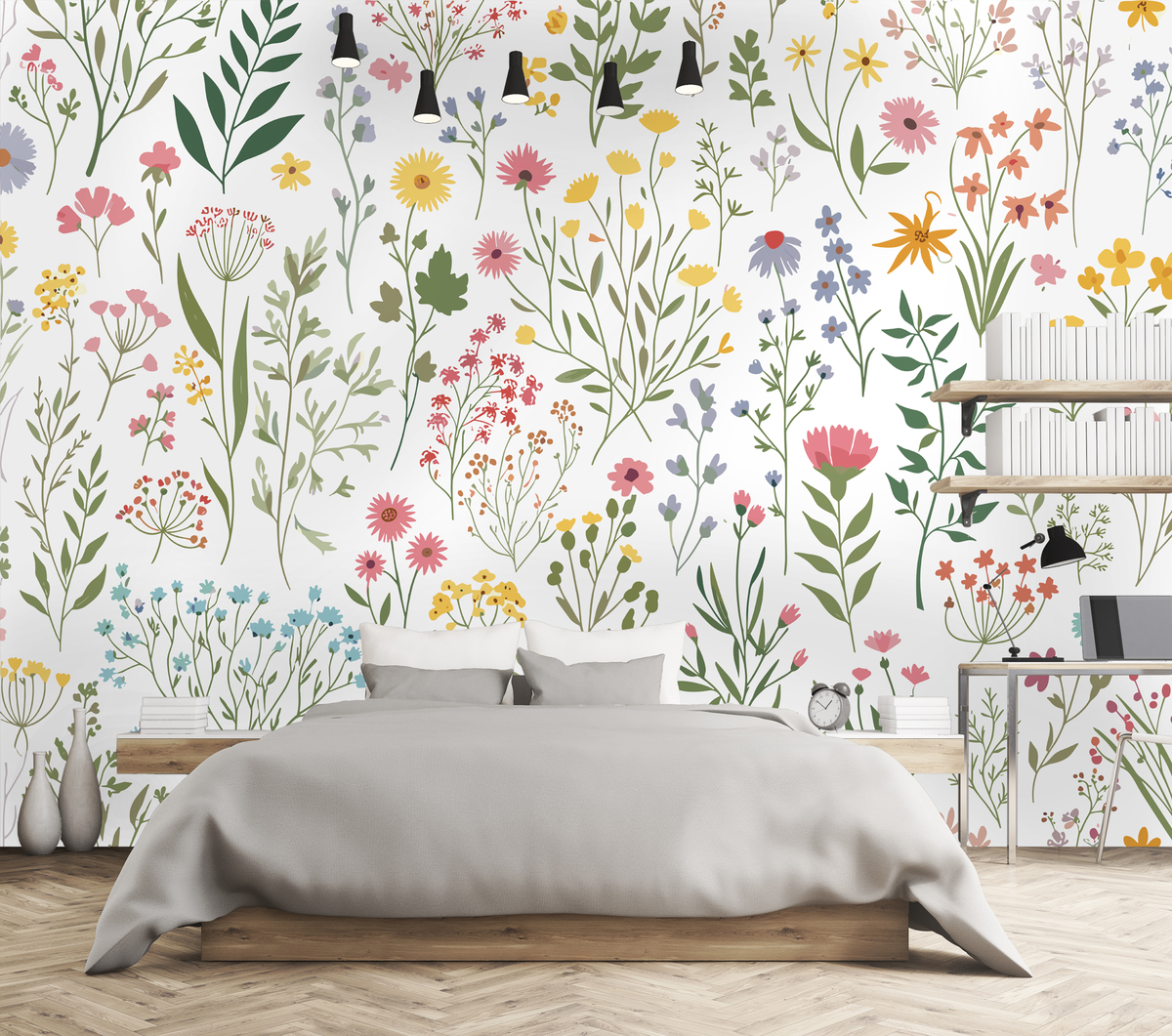Bedroom with floral wallpaper and a bed