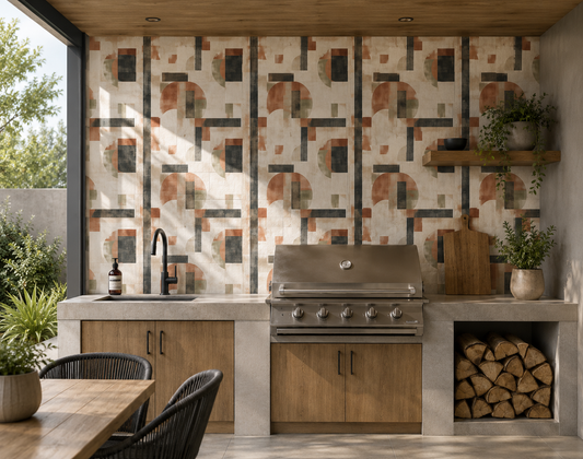 Outdoor kitchen with grill, sink, and wooden cabinets against a patterned wall.