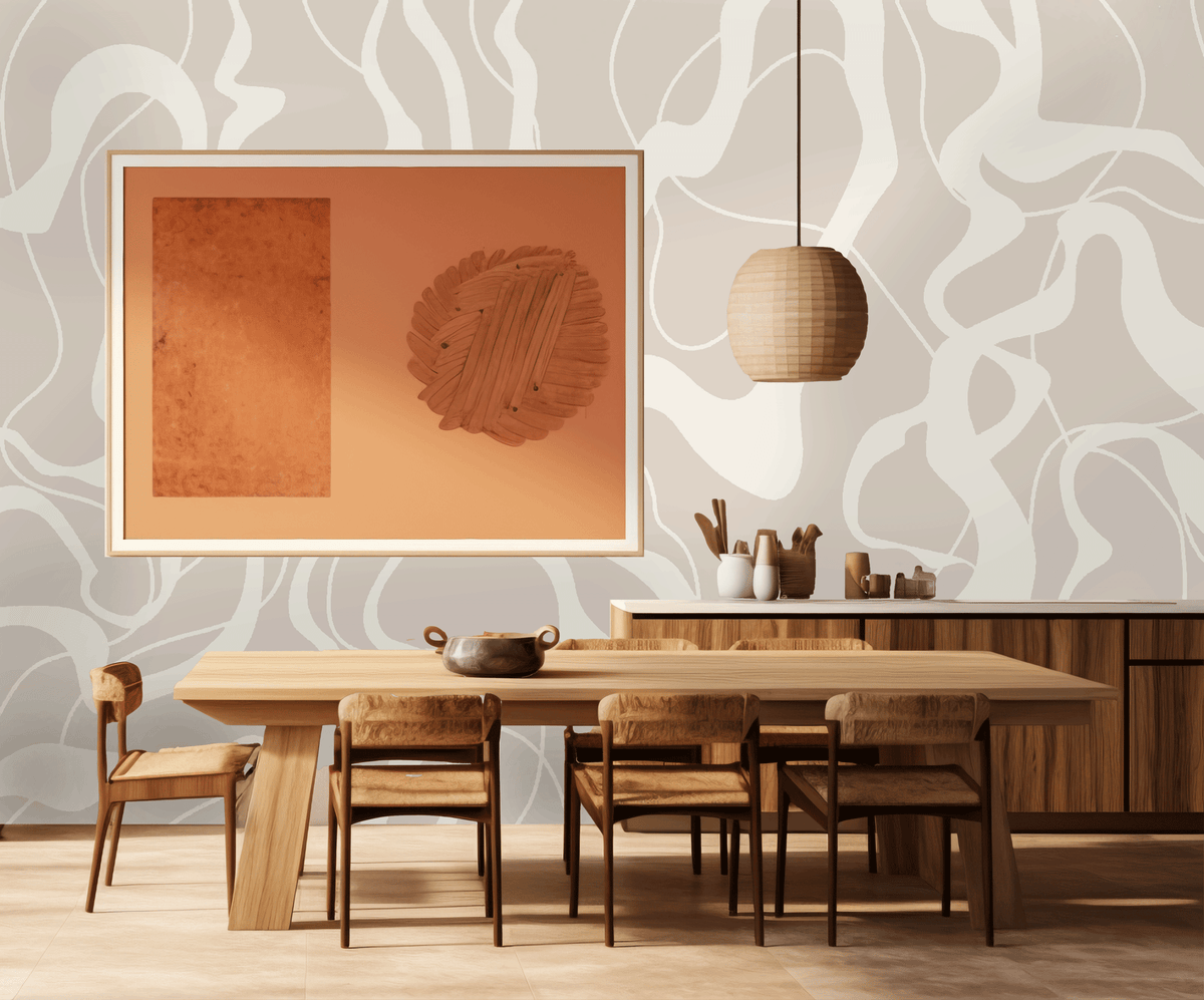 Dining room with wooden table and chairs, abstract wall art, and modern pendant light.