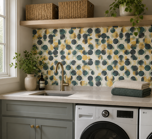 Modern laundry room with patterned wall, sink, and washing machine.