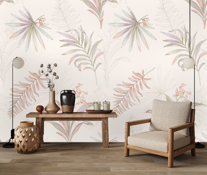 Modern living room with a wooden armchair, coffee table, and decorative items against a floral wallpaper.