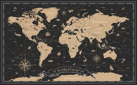 World map poster with beige ink on a black background