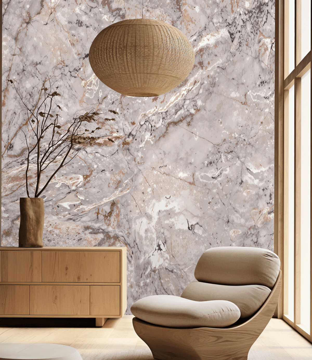 Modern interior with a beige armchair, wooden cabinet, and woven pendant light against a marble wall.
