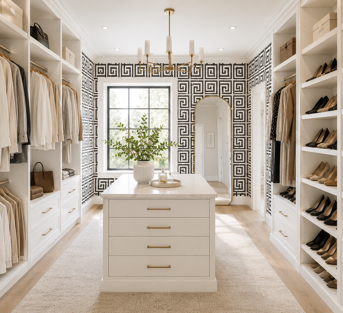Modern walk-in closet with white shelves, dressers, and a central island.