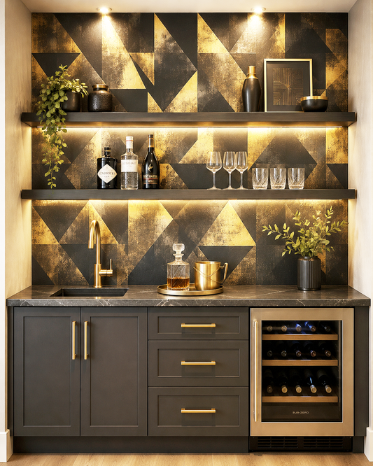 Modern kitchen bar with geometric wall design, shelves with bottles and glasses, and a wine cooler.