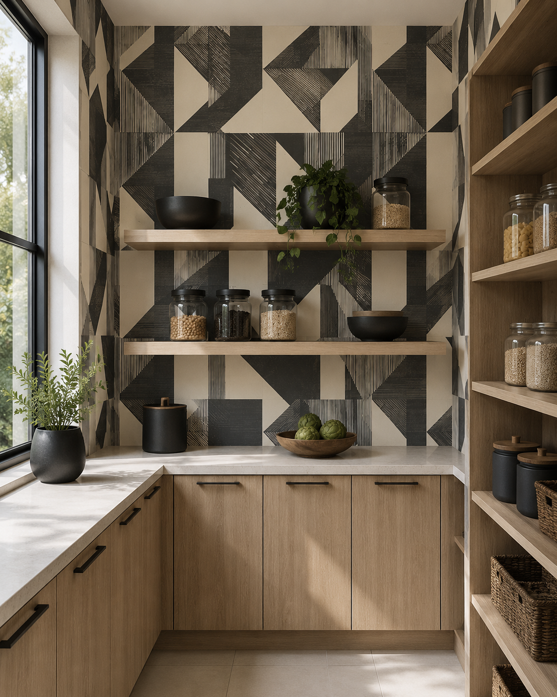Modern kitchen with geometric wall design, wooden shelves, and natural light.