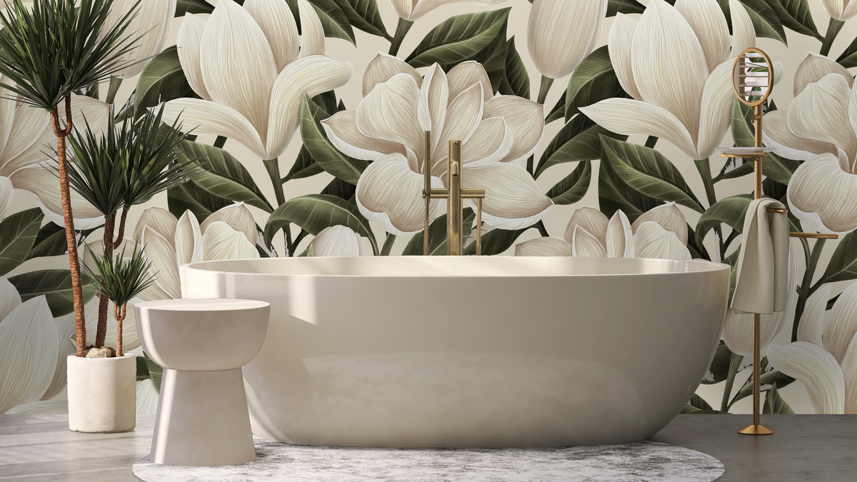 Modern bathroom with a freestanding bathtub against a floral wallpaper background