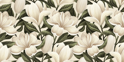 Pattern of white flowers with green leaves on a white background