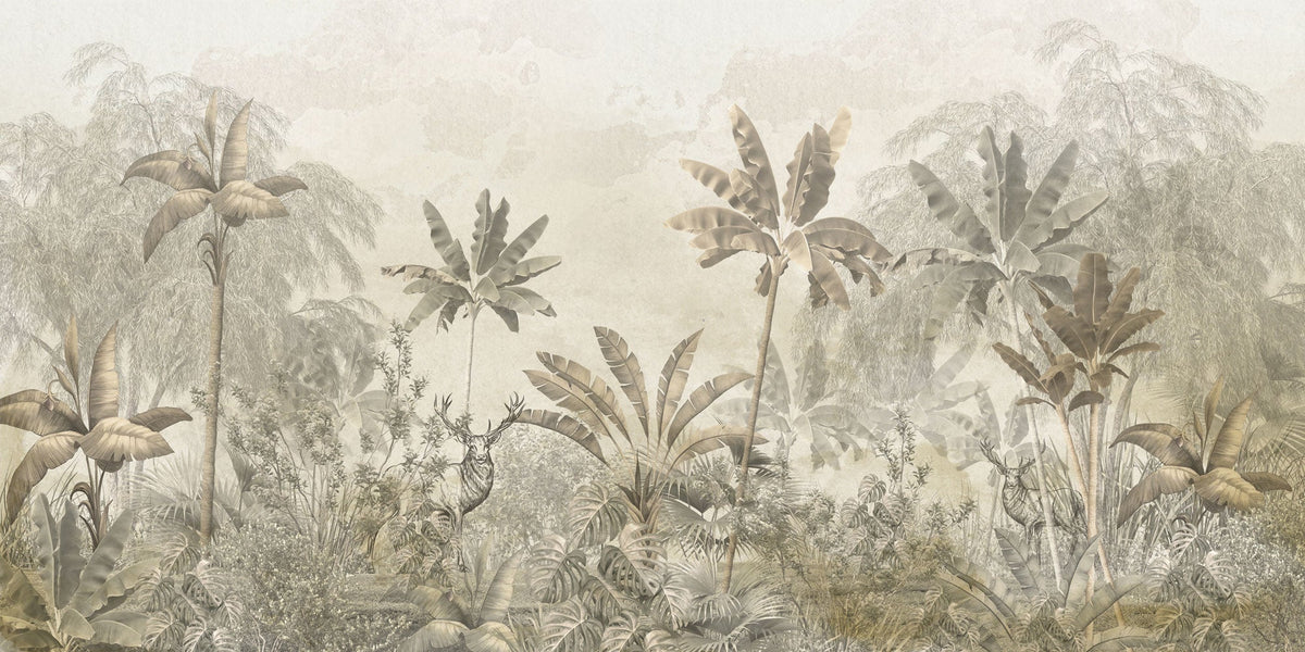 Soft sepia jungle mural with tall palm trees, dense foliage, and a hidden deer.