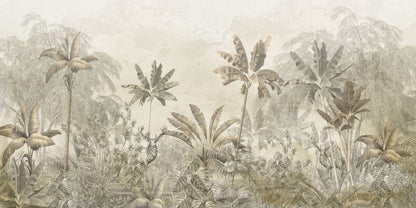 Soft sepia jungle mural with tall palm trees, dense foliage, and a hidden deer.