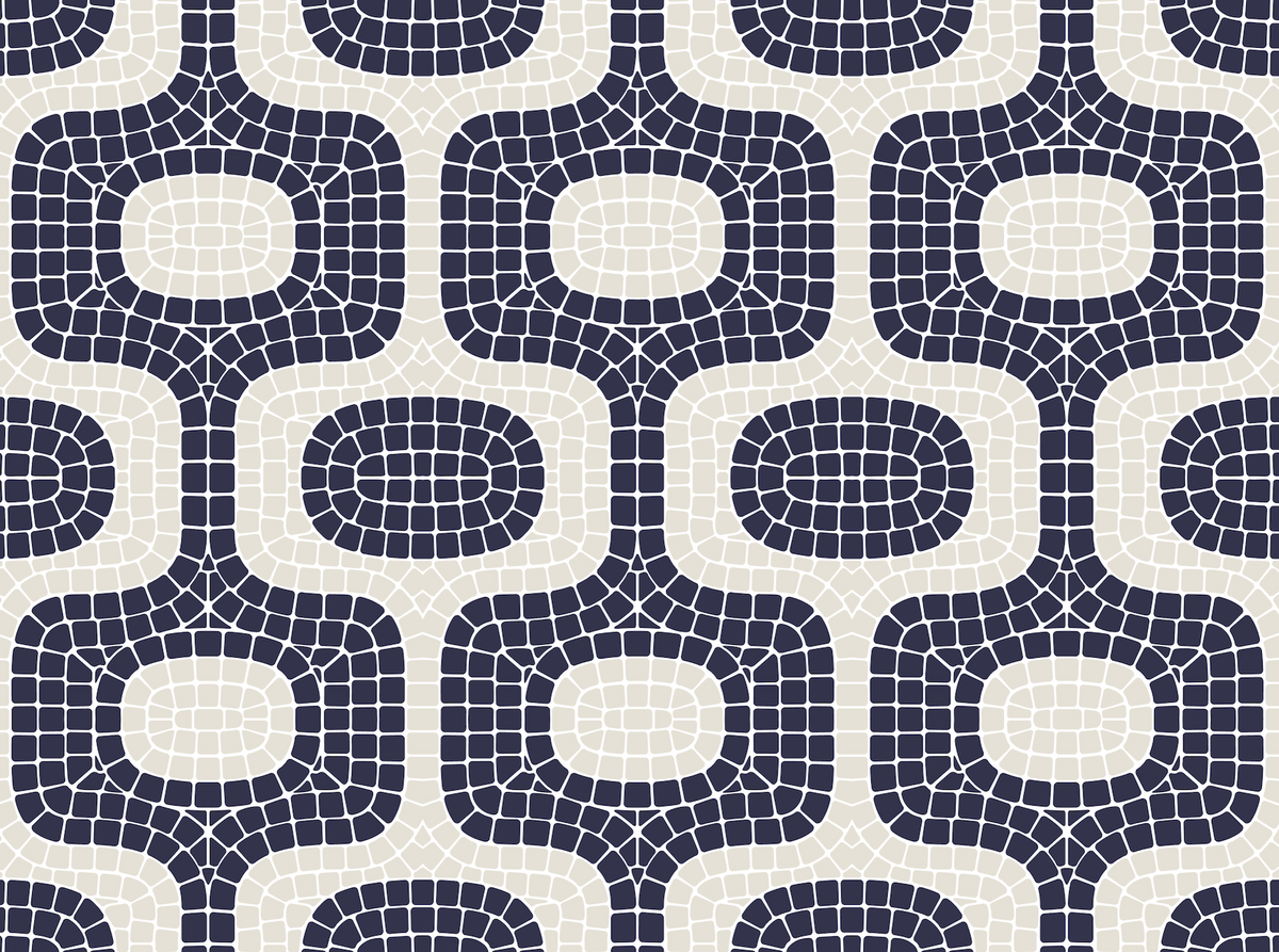 Pattern of interlocking shapes in navy and beige on a white background