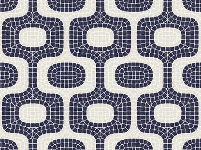 Pattern of interlocking shapes in navy and beige on a white background