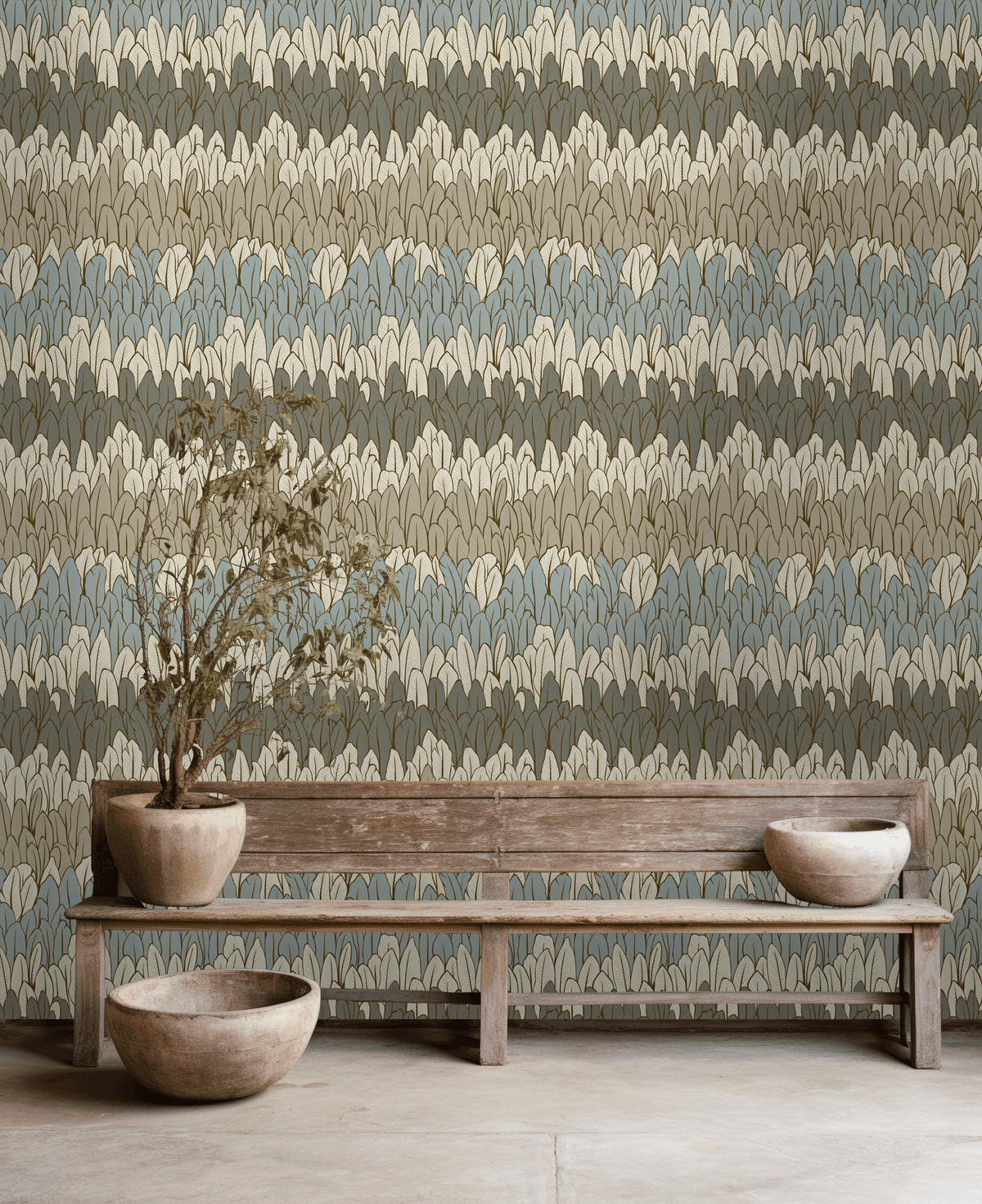 Wooden bench with decorative bowls against a patterned wall.