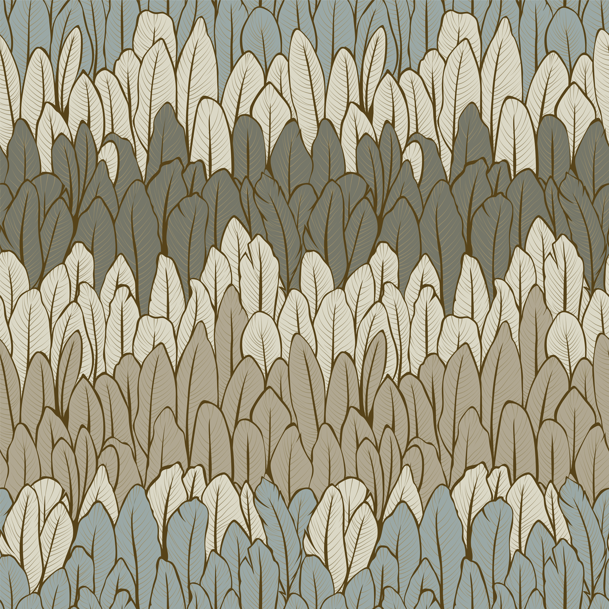 Pattern of stylized trees in various shades of green and brown.