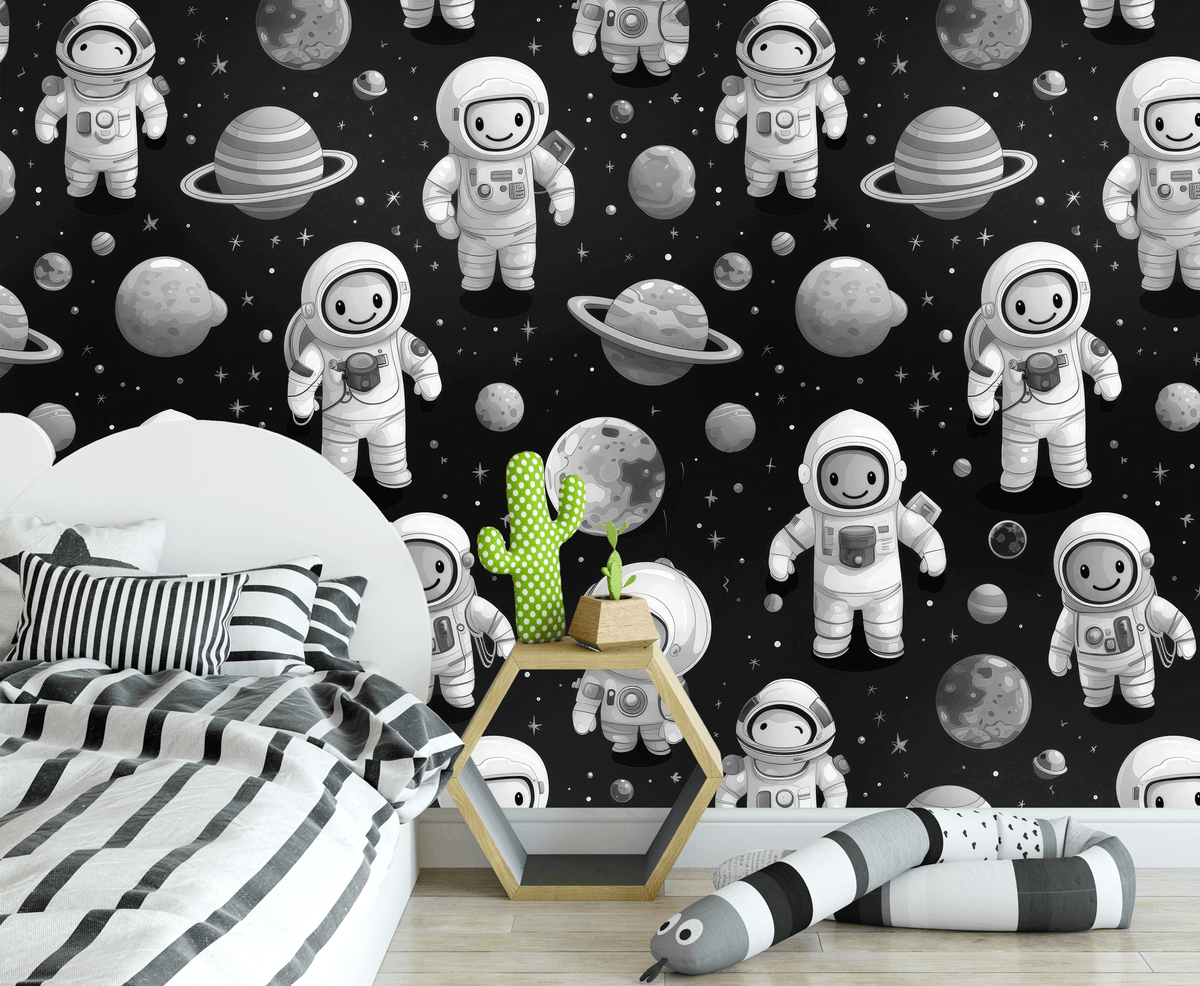 Children's room with space-themed decor including astronauts and planets on the wall.
