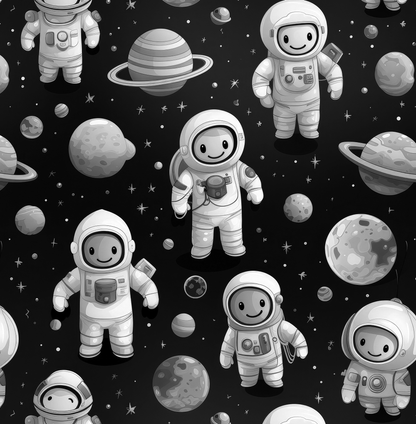 Pattern of cartoon astronauts and planets on a black background