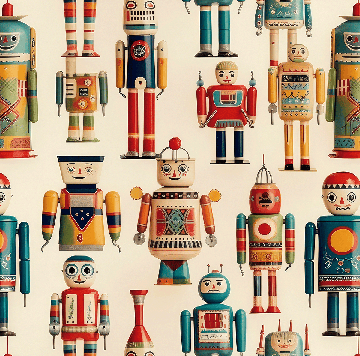 Pattern of colorful toy robots on a beige background