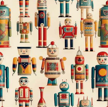 Pattern of colorful toy robots on a beige background