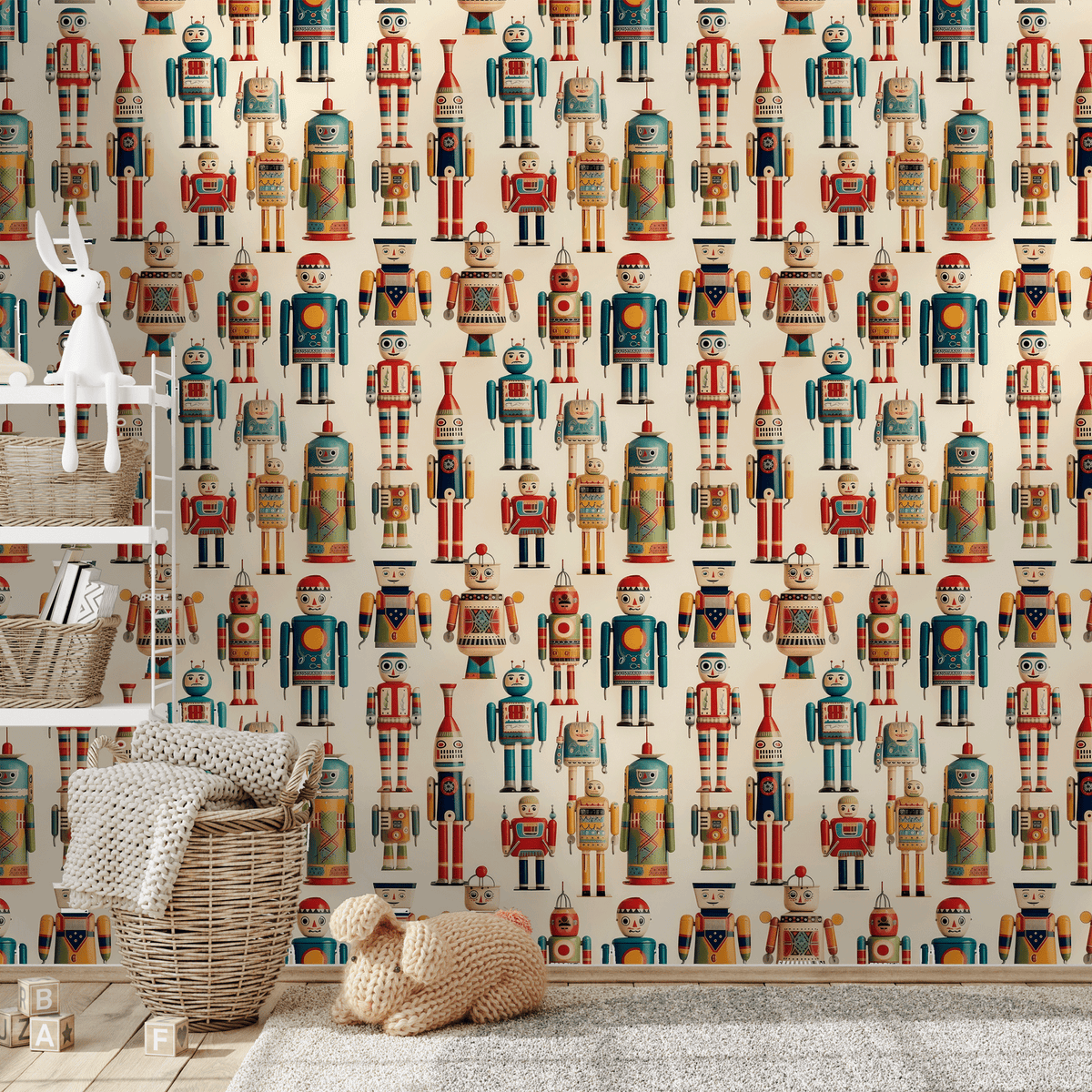 Patterned wallpaper with retro robot design in a room with a shelf and toys.