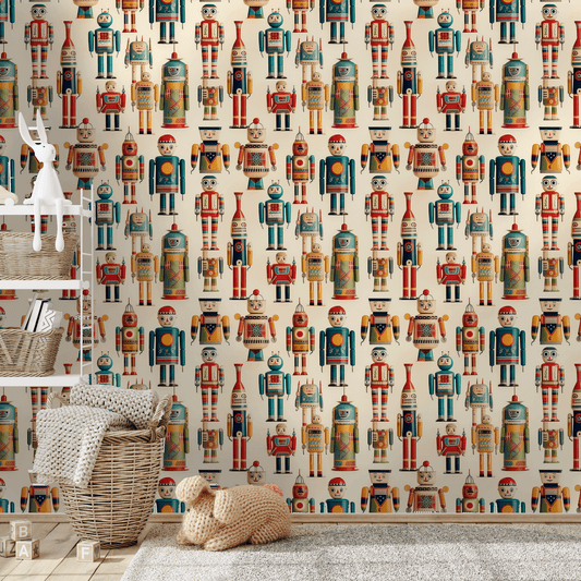Patterned wallpaper with retro robot design in a room with a shelf and toys.