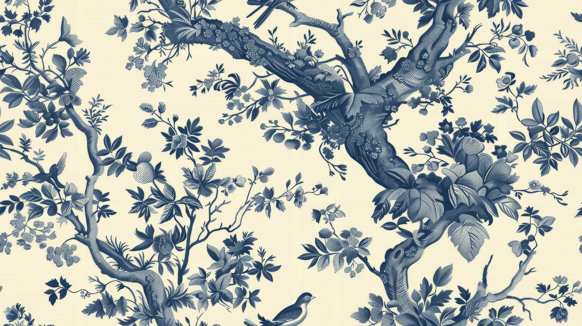 Blue floral and bird pattern on a beige background