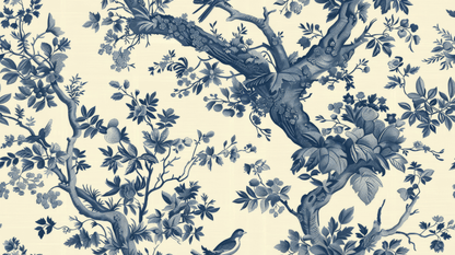 Blue floral and bird pattern on a beige background