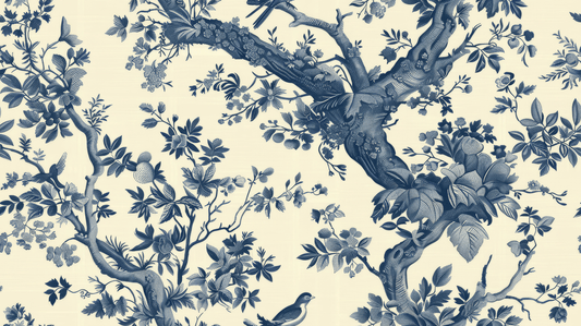 Blue floral and bird pattern on a beige background