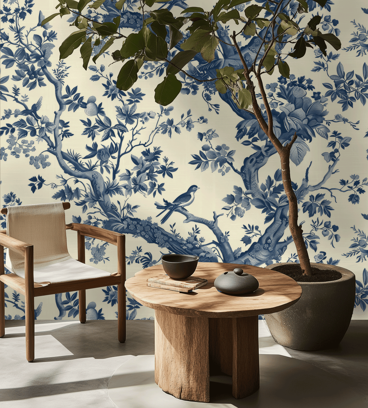 Room interior with wooden chair, table, and potted plant against a wall with blue floral wallpaper.