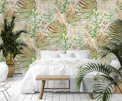 Bedroom with tropical leaf wallpaper and plants