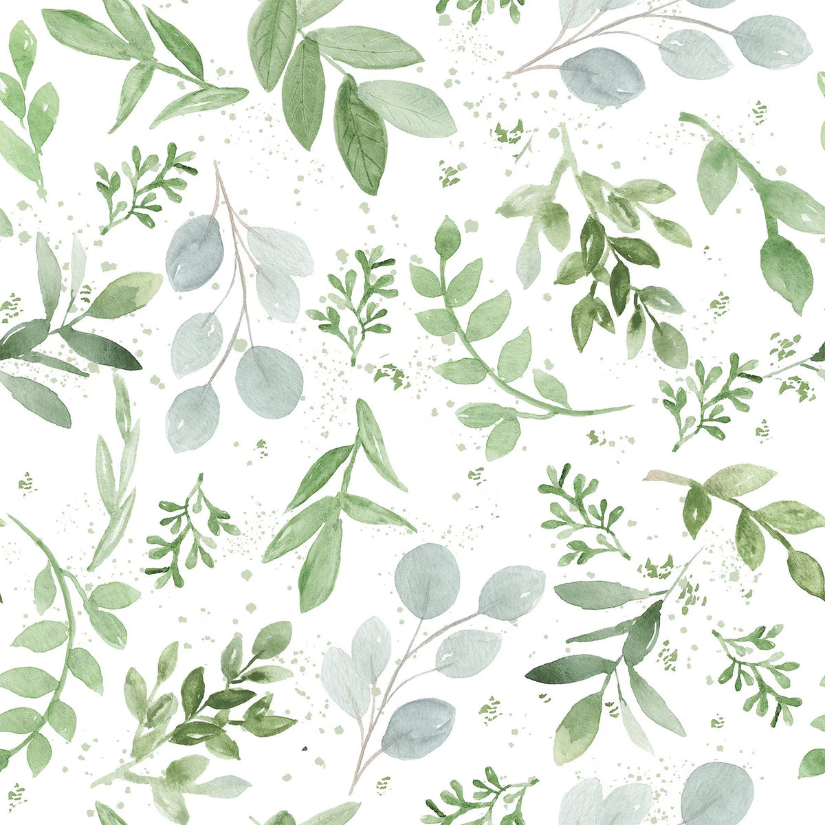 Pattern of green leaves and branches on a white background
