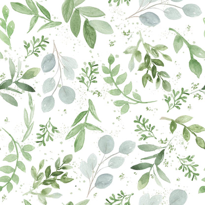 Pattern of green leaves and branches on a white background