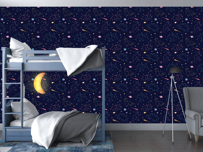 Children's bedroom with a bunk bed against a starry night wall mural.
