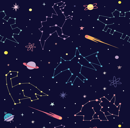 Colorful constellation pattern on a dark blue background