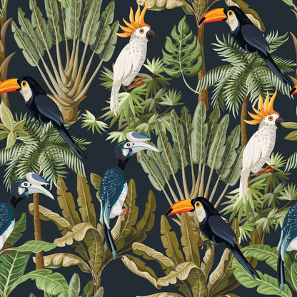 Seamless jungle wallpaper with toucans, cockatoos, and hornbills among green tropical leaves.