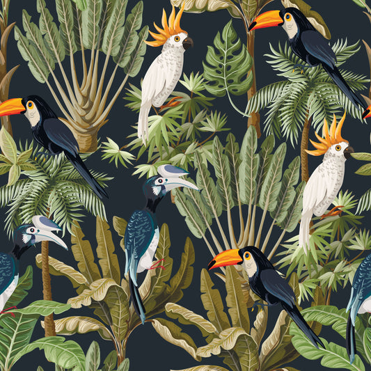 Seamless jungle wallpaper with toucans, cockatoos, and hornbills among green tropical leaves.