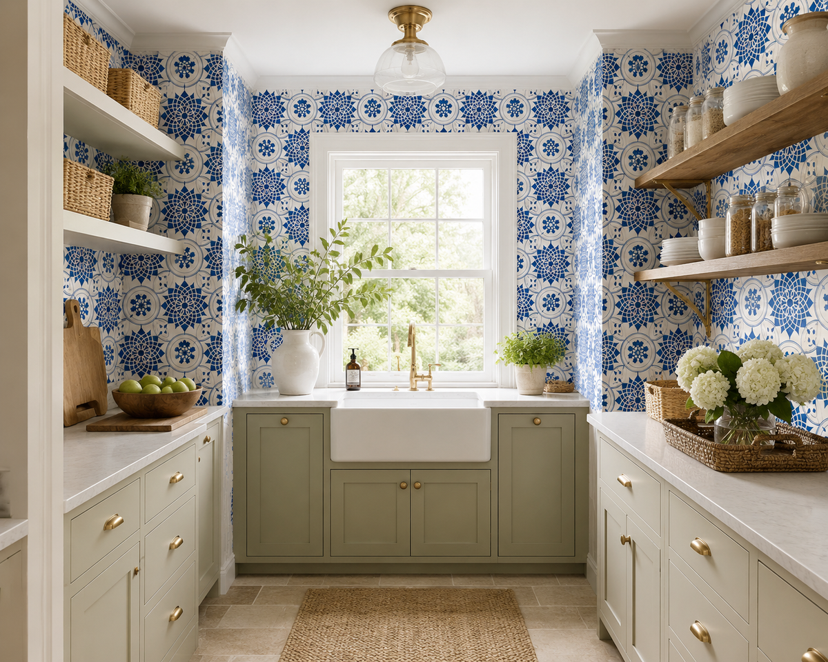 Kitchen with blue floral wallpaper, white sink, and green cabinets.