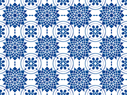 Pattern of blue geometric shapes on a white background