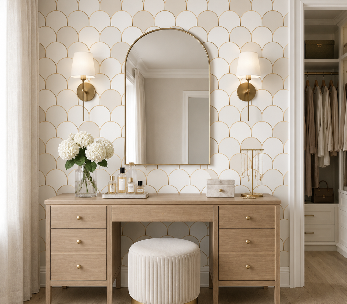 Wooden vanity with mirror, lights, and flowers in a stylish room.