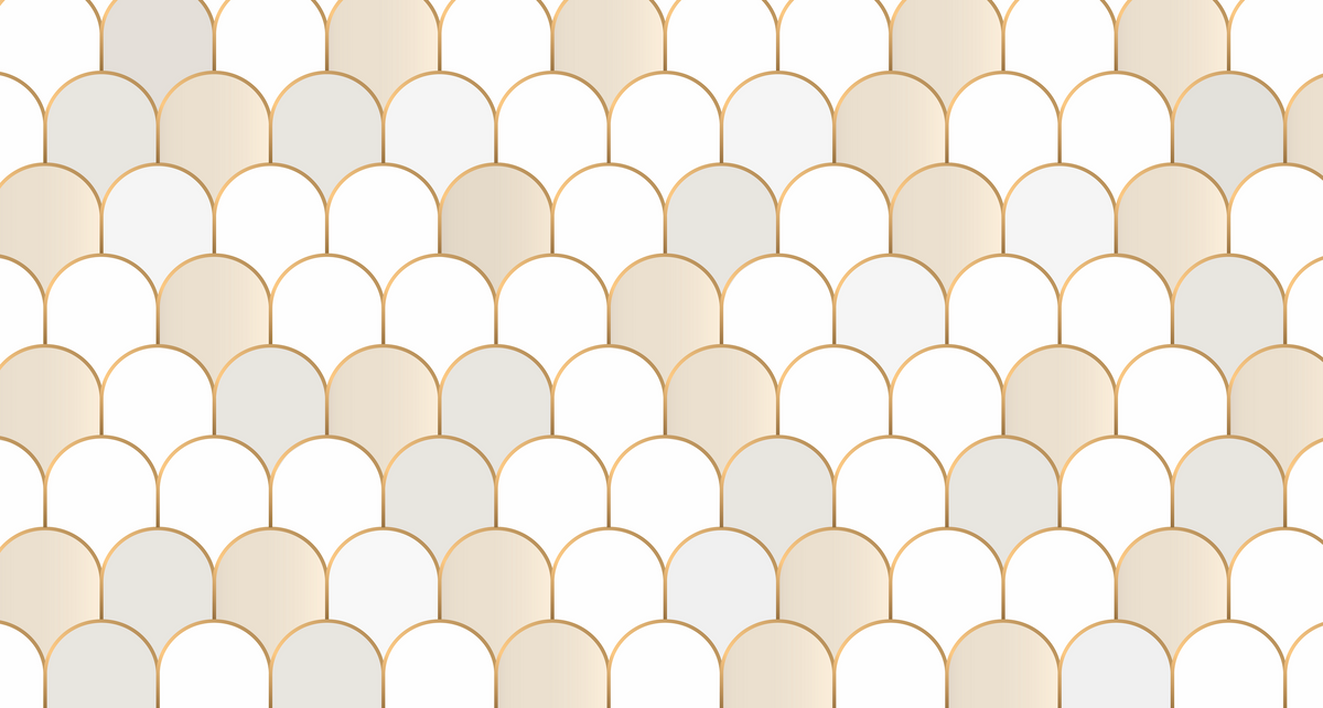 Pattern of beige and white fishscale tiles on a white background