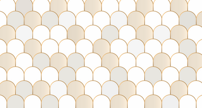 Pattern of beige and white fishscale tiles on a white background