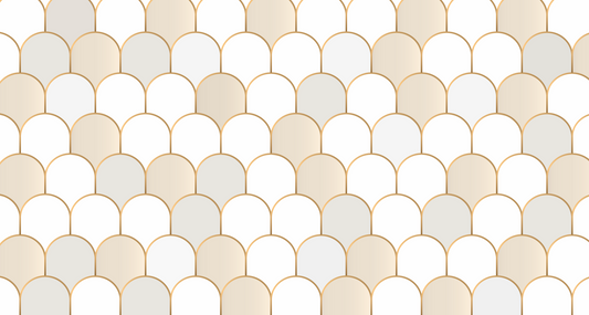 Pattern of beige and white fishscale tiles on a white background